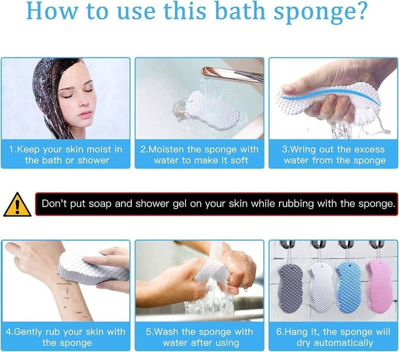 Instructions on how to use a bath sponge with images and text.