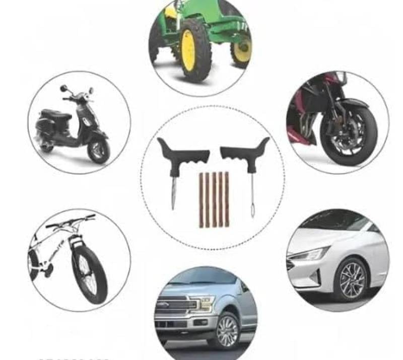 Set of tire repair tools and products displayed on a white background