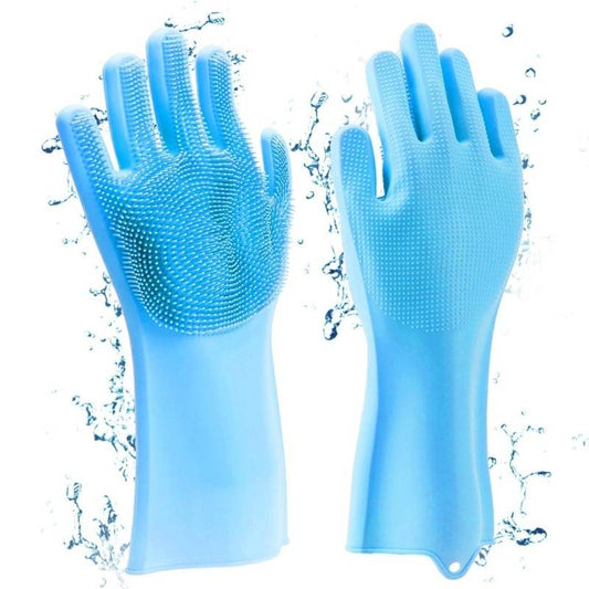 Blue silicone gloves with scrubbing pads on a white background