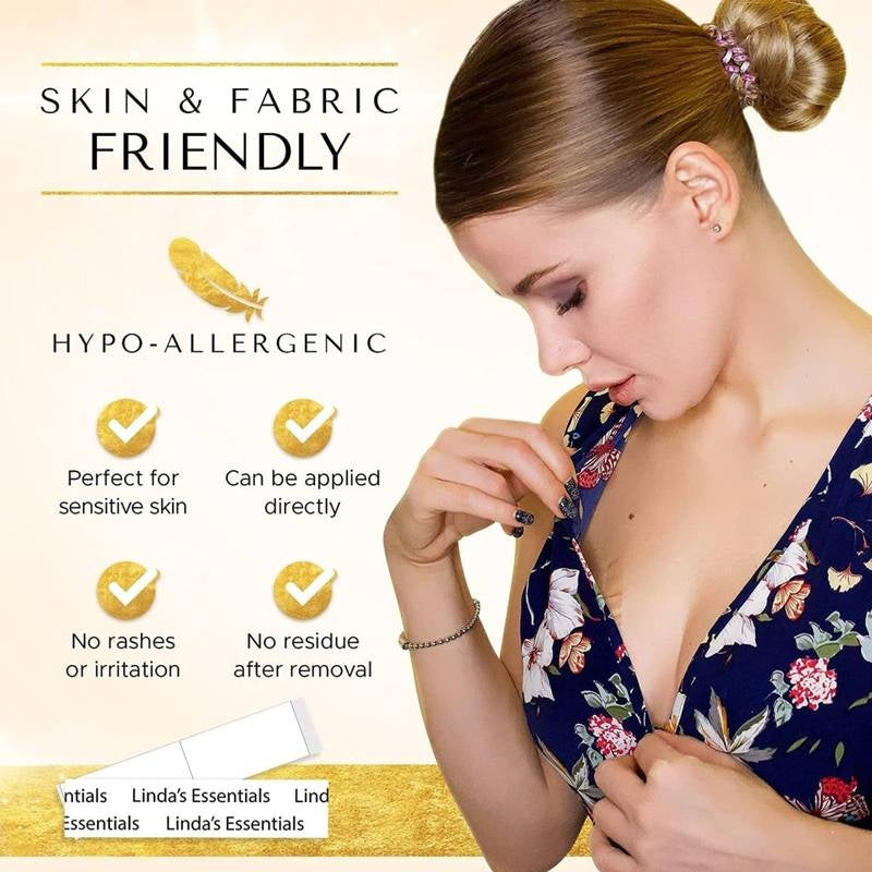 Woman adjusting a floral dress with text about skin and fabric friendliness and hypo-allergenic properties.