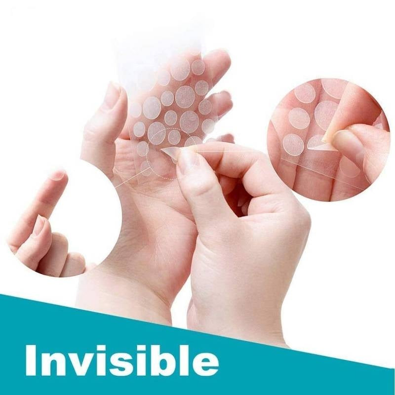 Hands applying a clear patch with a close-up inset on a white background, featuring the word 'Invisible'.