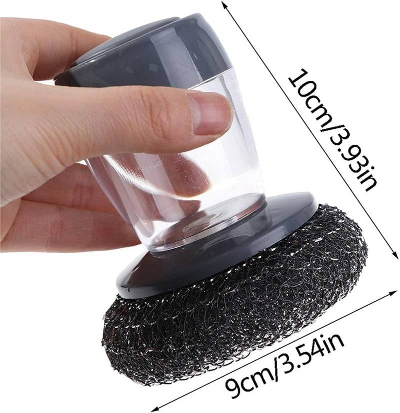 Soap Dispensing Palm Scrubber – Heavy Duty Steel Wire Dish Brush with Refillable Liquid Reservoir – Ergonomic Kitchen Scouring Tool for Pots, Pans, Grills, and Cast Iron