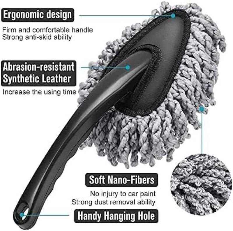 Car cleaning brush with text highlighting features on a white background