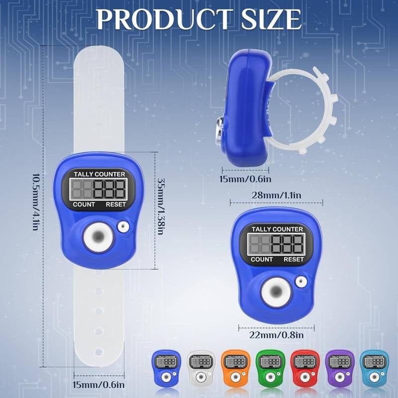 Blue digital tally counter with measurements and color options on a blue background