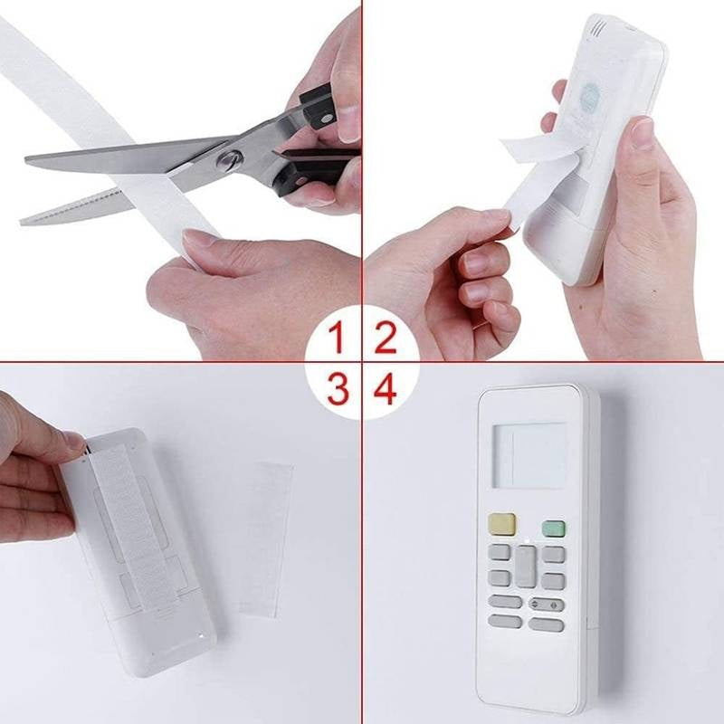 Step-by-step process of using scissors to cut a roll of tape and attach it to a device.