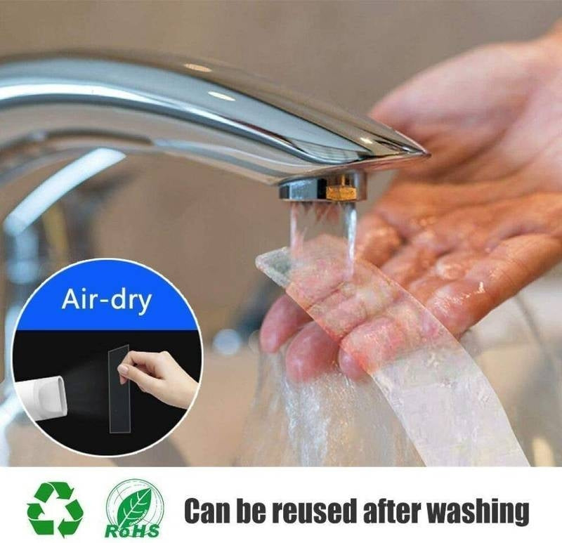 Hand being washed under a faucet with air-dry text and recycling symbol on a gray background