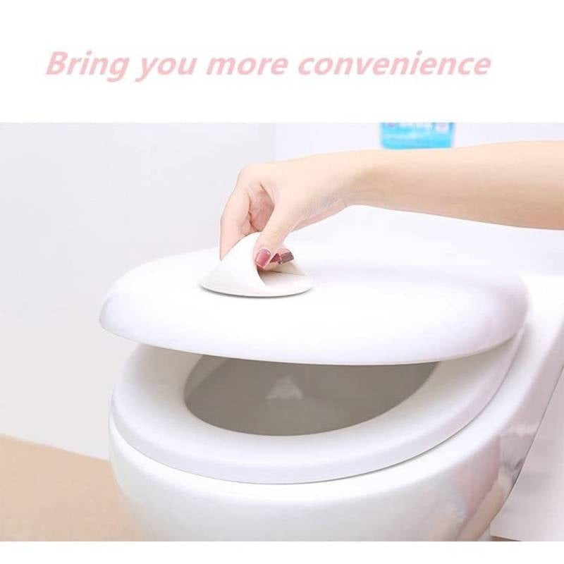 Person using a white toilet seat cover with text 'Bring you more convenience' on a white background