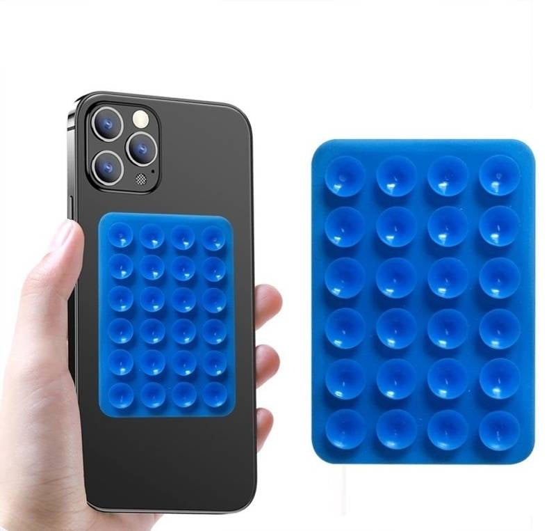 Blue bubble wrap phone case attached to a black phone with a close-up of the bubble wrap on a white background.