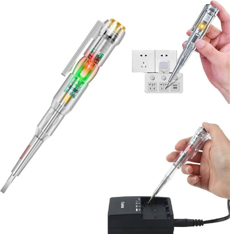 Electrical test pen being used on a power outlet with a hand holding it.