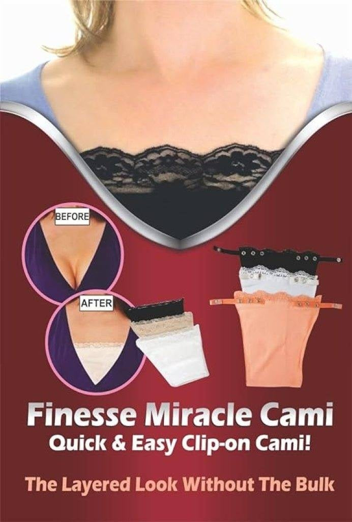 Advertisement for Finesse Miracle Cami showing a before and after comparison on a red background.