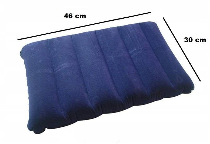 Blue inflatable pillow with dimensions labeled on a white background