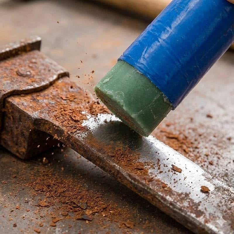 Blue and green tool scraping rust off a metal surface