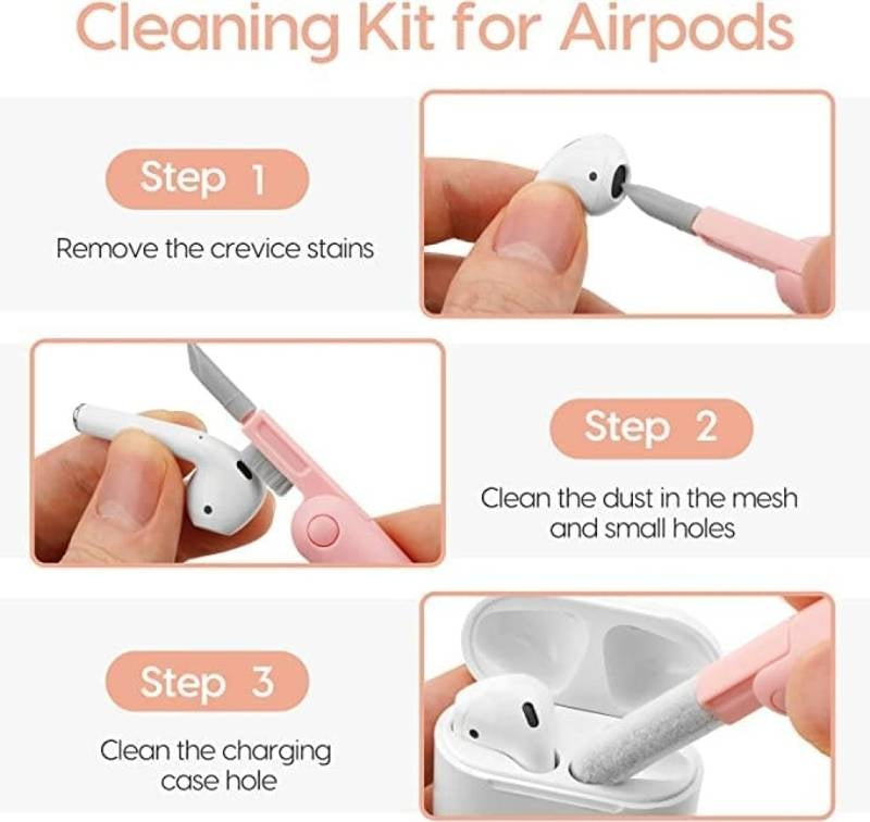 Cleaning kit for Airpods with step-by-step instructions on how to use it.
