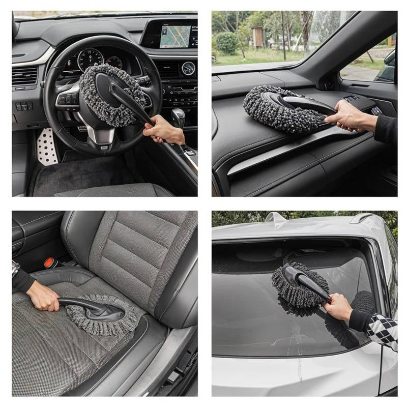 Set of four images showing a car cleaning brush being used on different parts of a car interior.