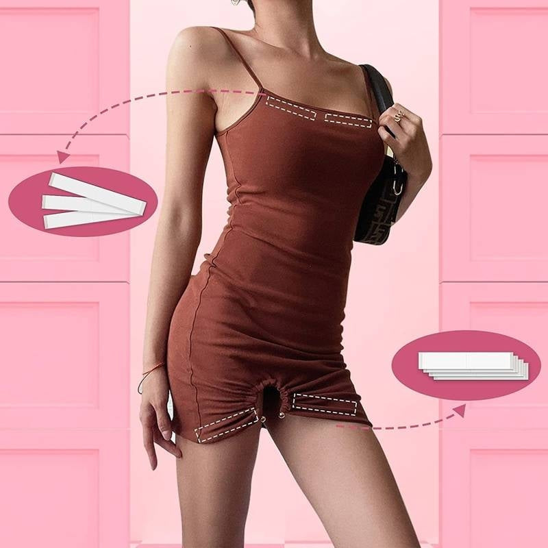 Brown dress with decorative stitching on a pink background