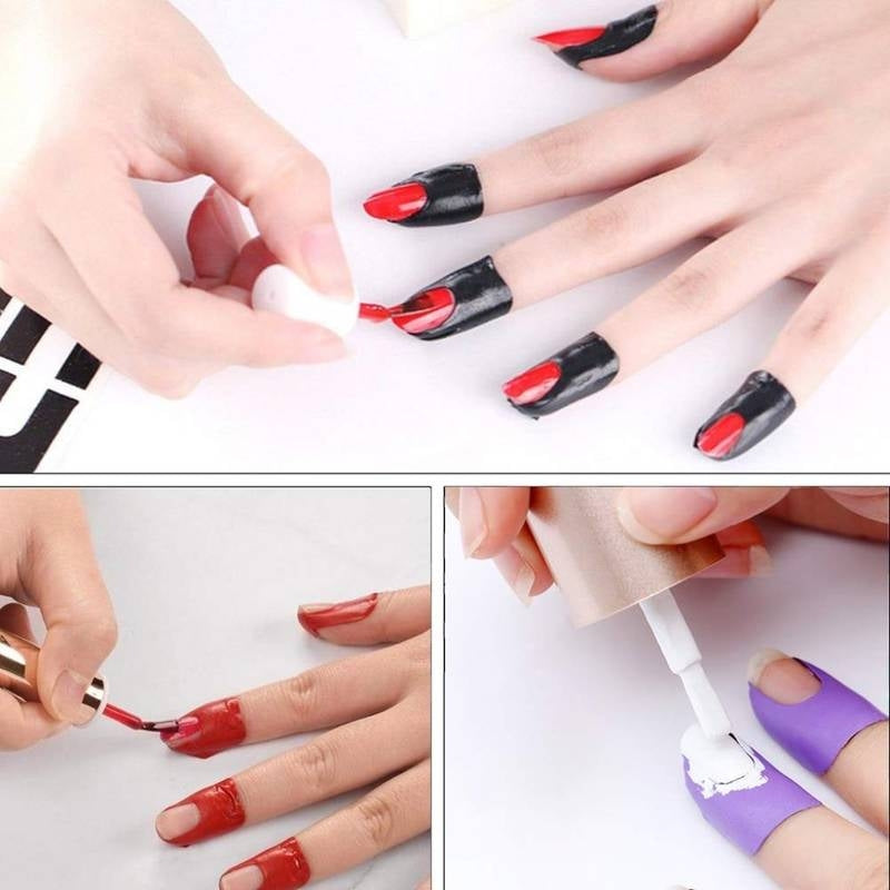 Nail art process with red and black nail polish on a white background