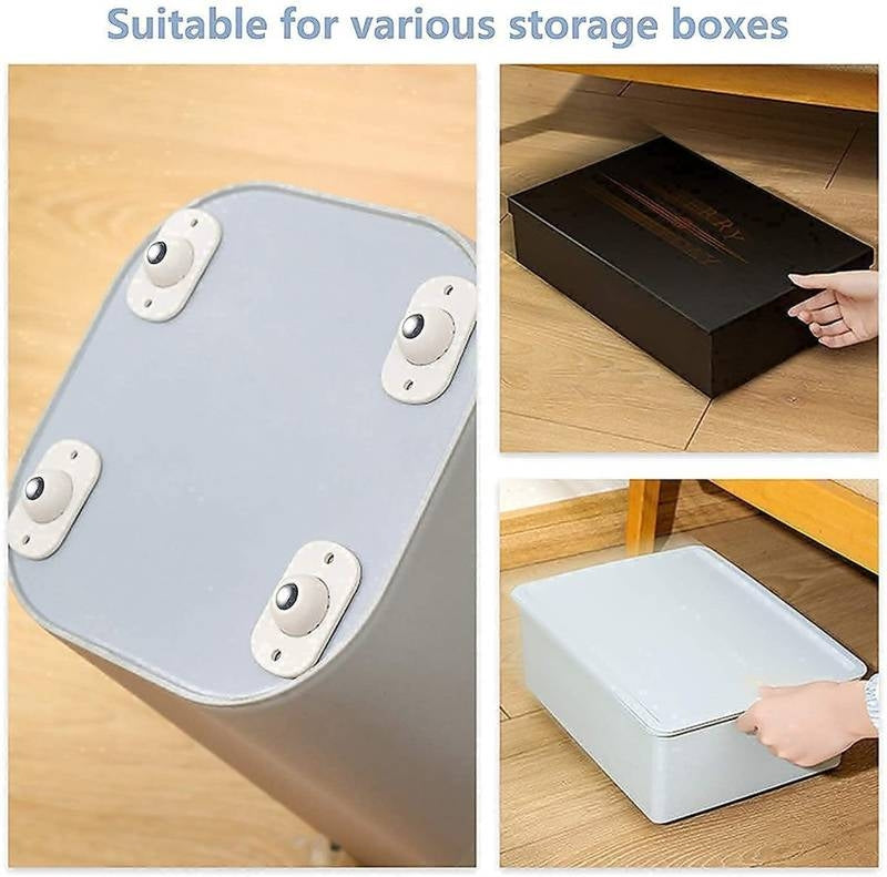 Collage of a gray storage box with wheels on a wooden surface, being opened, and a hand reaching into it.