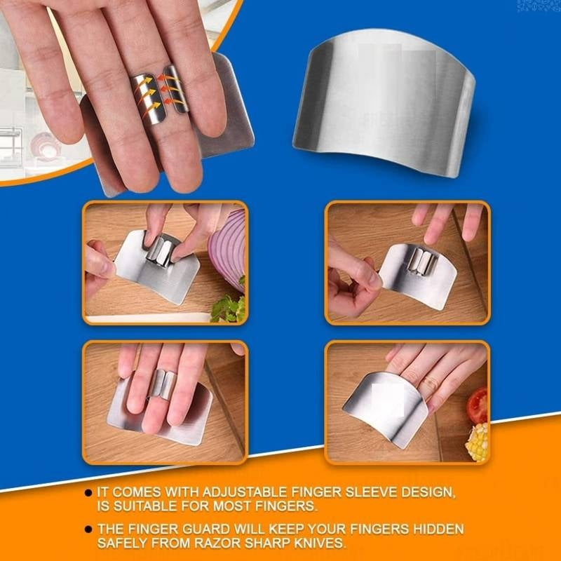 Finger guard being used with a knife on a blue and orange background