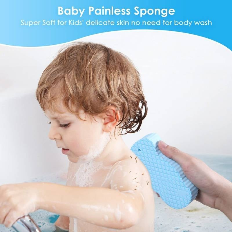Child being bathed with a baby painless sponge against a light blue background