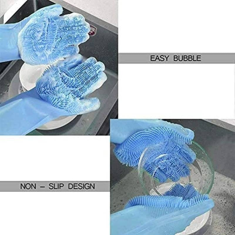 Blue cleaning gloves with text highlighting features on a kitchen background