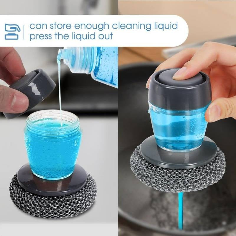 Soap Dispensing Palm Scrubber – Heavy Duty Steel Wire Dish Brush with Refillable Liquid Reservoir – Ergonomic Kitchen Scouring Tool for Pots, Pans, Grills, and Cast Iron