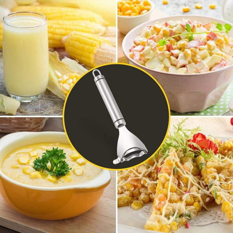 Collage of corn products including corn on the cob, cornmeal, corn soup, and a corn sheller tool.