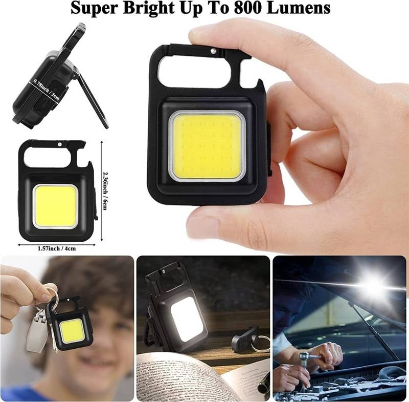 Handheld light with keychain attachment, showing brightness and usage scenarios.