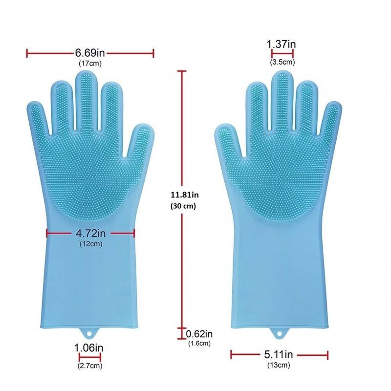 Blue silicone gloves with measurements on a white background