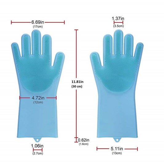 Blue silicone gloves with measurements on a white background