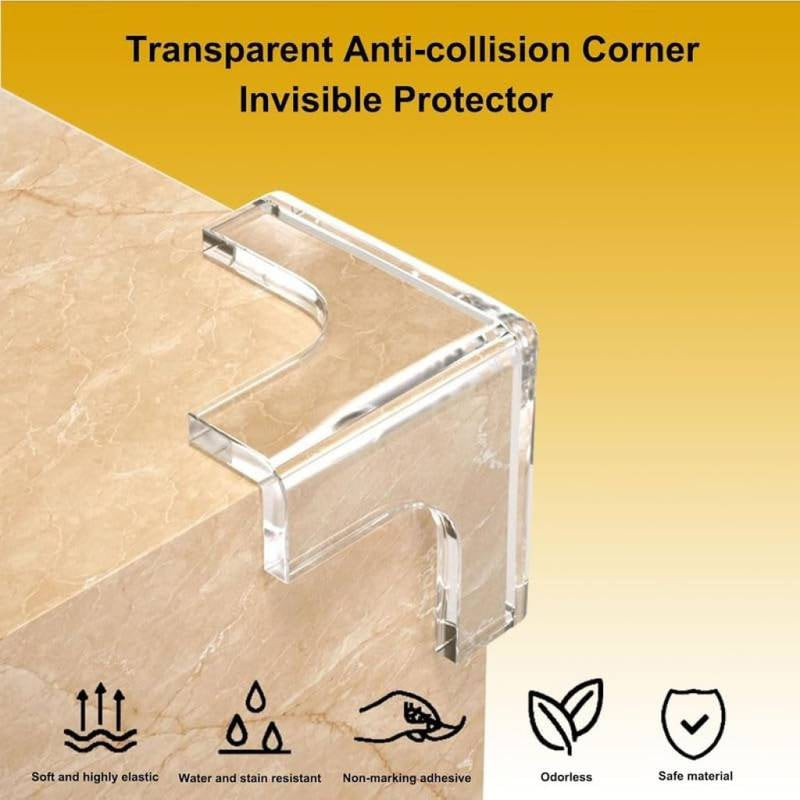Transparent anti-collision corner protector on a beige surface with product features listed.