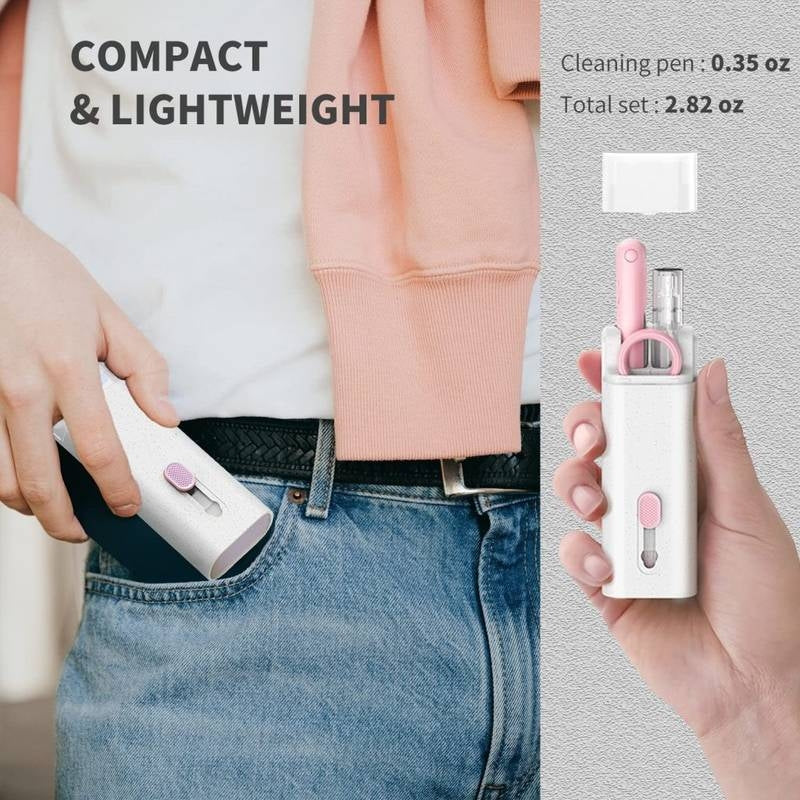 Hand holding a compact cleaning pen with text highlighting its size and weight.