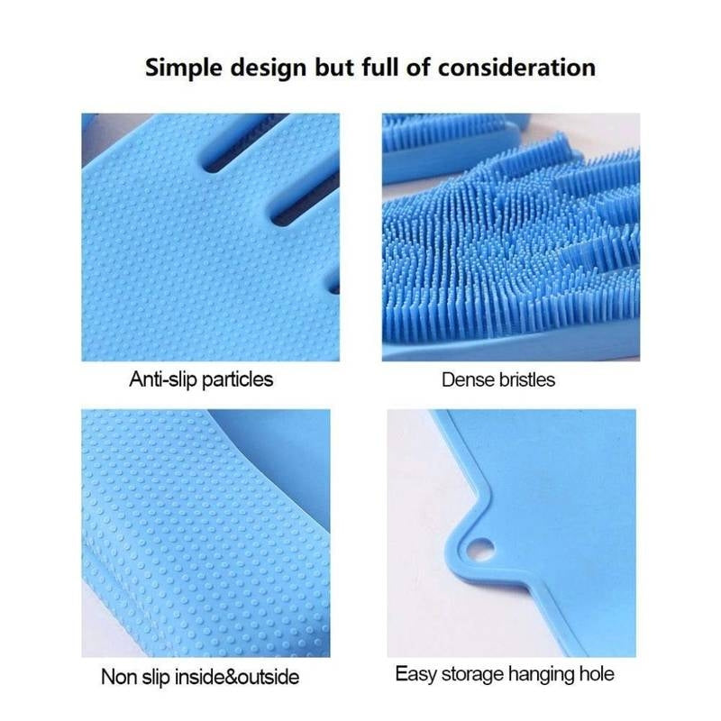 Blue scrubber with anti-slip particles, dense bristles, non-slip inside & outside, and easy storage hanging hole.