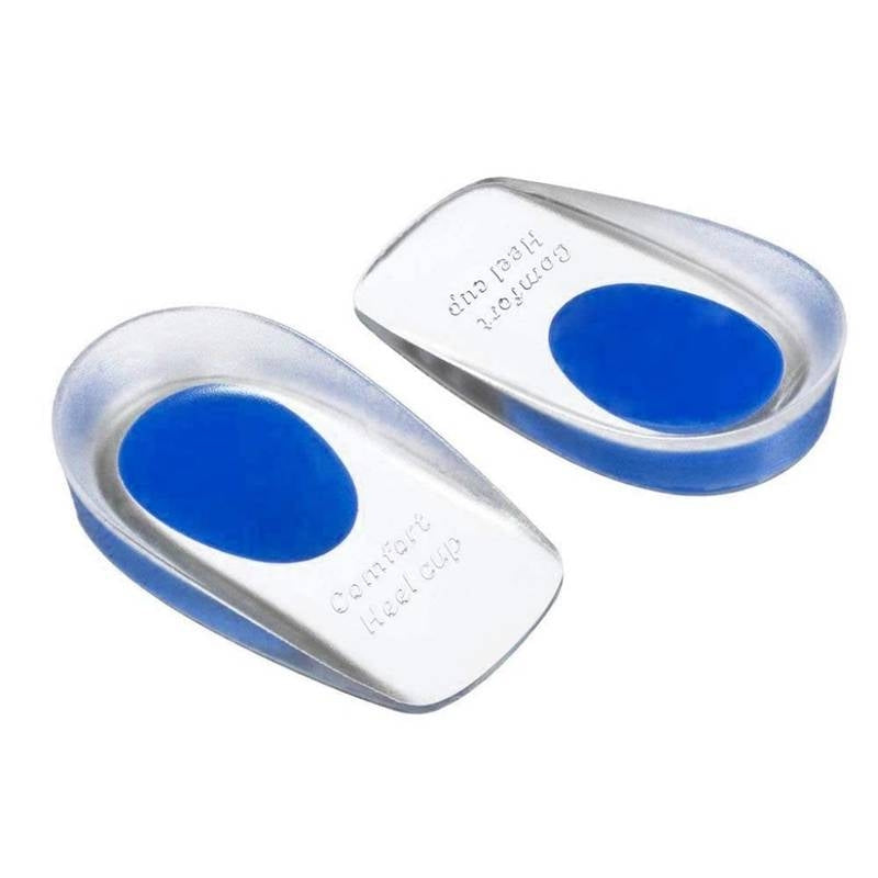 Pair of blue and clear shoe inserts on a white background