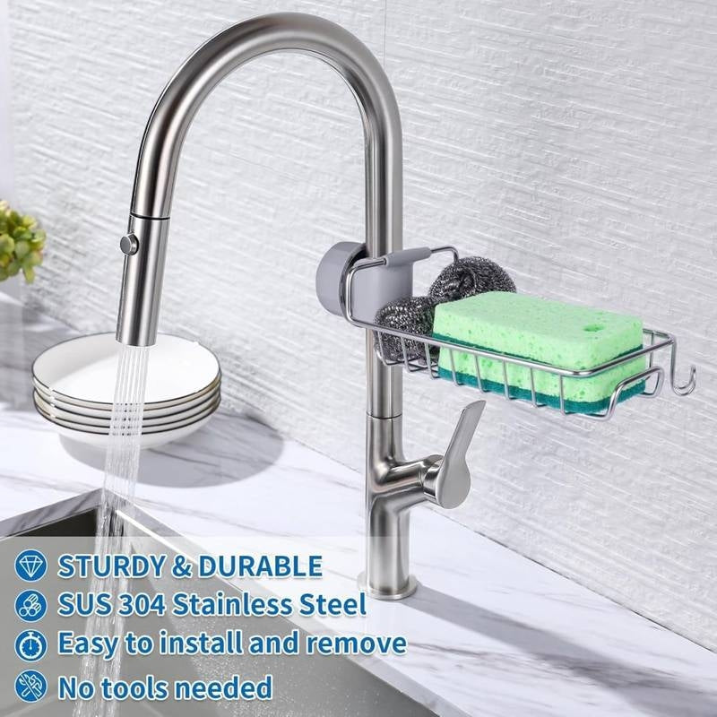 Stainless Steel Sink Faucet Holder – Adjustable Kitchen Organizer for Sponges & Soap (Rust-Proof & Easy Install)