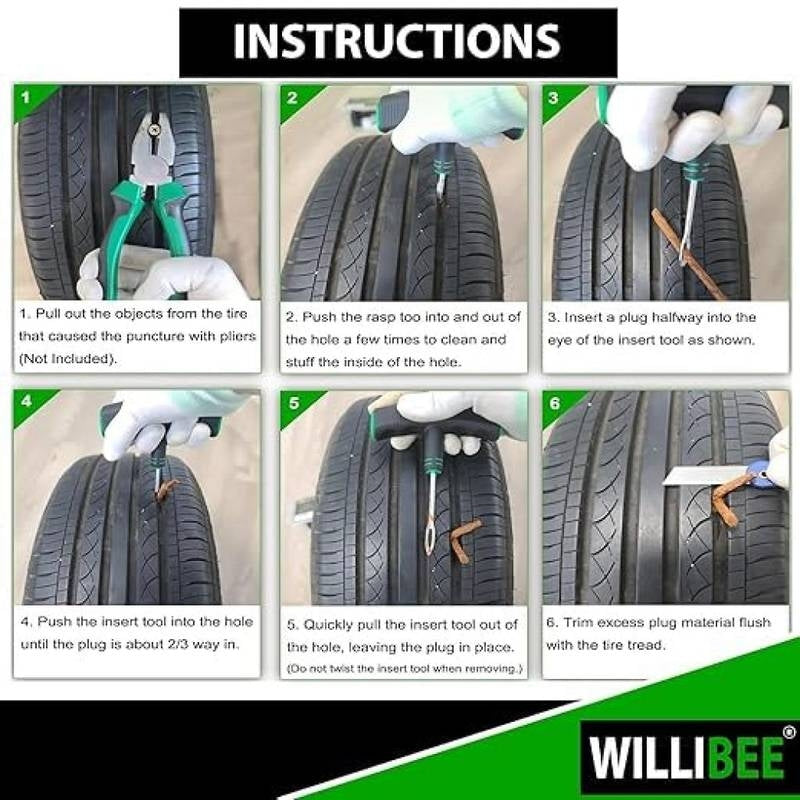 Step-by-step instructions for repairing a tire puncture with Willibee brand branding.