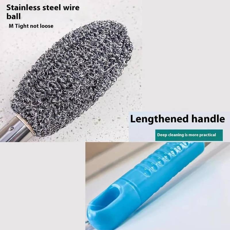 Long Handle Steel Wire Bottle Cleaning Brush – Heavy-Duty Stainless Steel Scrubber for Deep Pots, Thermos, Cast Iron & Grills – Non-Scratch Metallic Dish Scourer with Ergonomic Grip