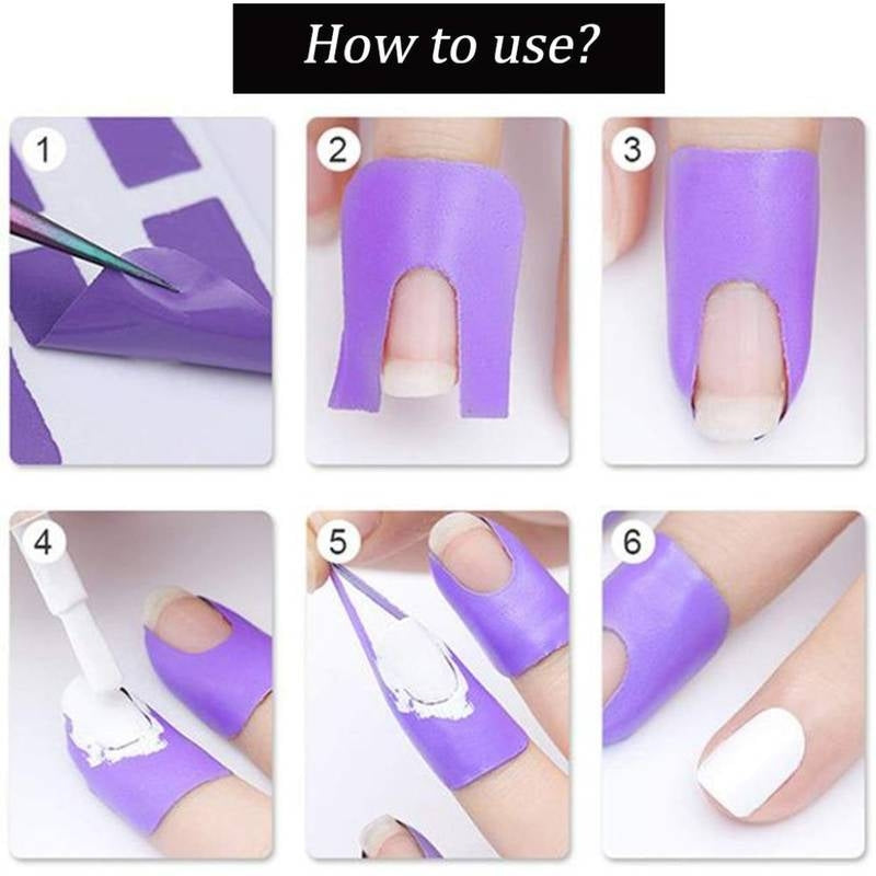Step-by-step guide on how to use a purple nail extension product.