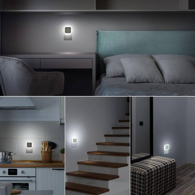 Collage of a wall-mounted light fixture in various settings including a bedroom, kitchen, and staircase.