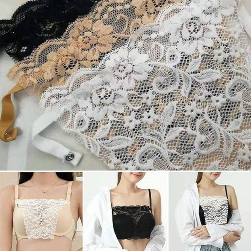 Lace fabric with a close-up of patterns and a display of lace garments on people.