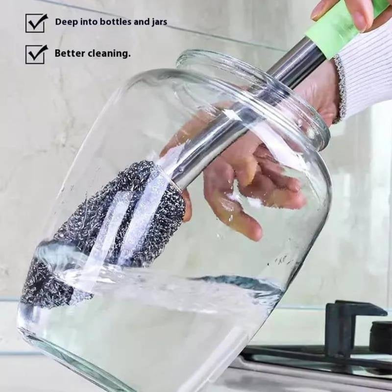 Long Handle Steel Wire Bottle Cleaning Brush – Heavy-Duty Stainless Steel Scrubber for Deep Pots, Thermos, Cast Iron & Grills – Non-Scratch Metallic Dish Scourer with Ergonomic Grip