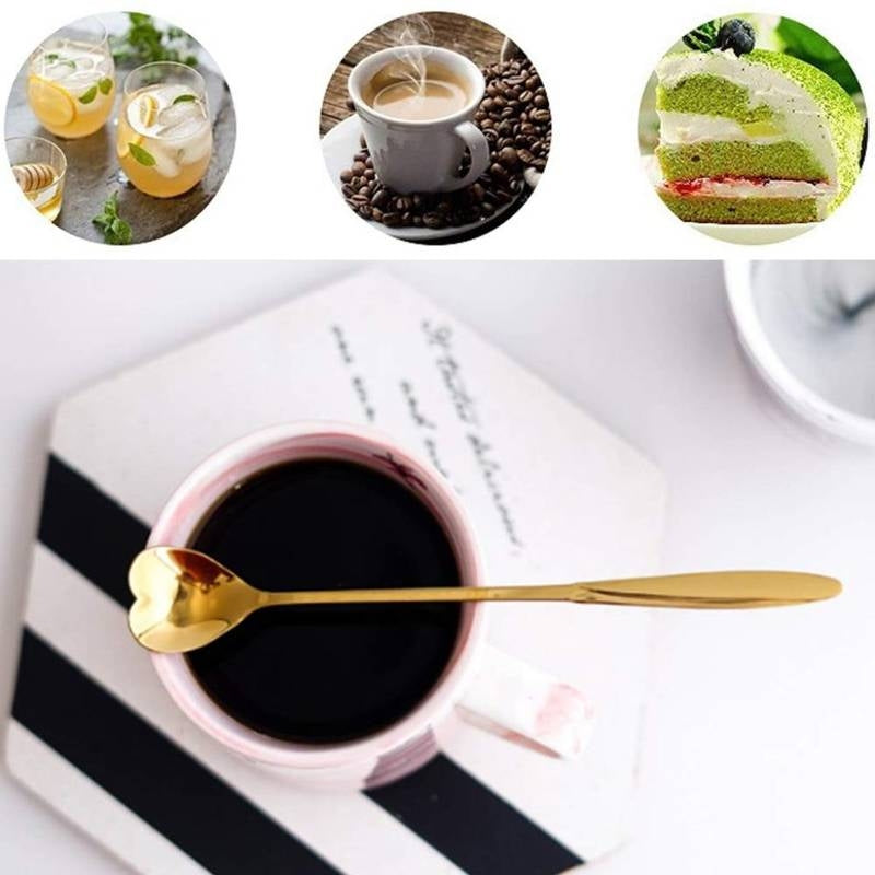 Cup of coffee with a gold spoon on a striped surface, surrounded by images of drinks and food.