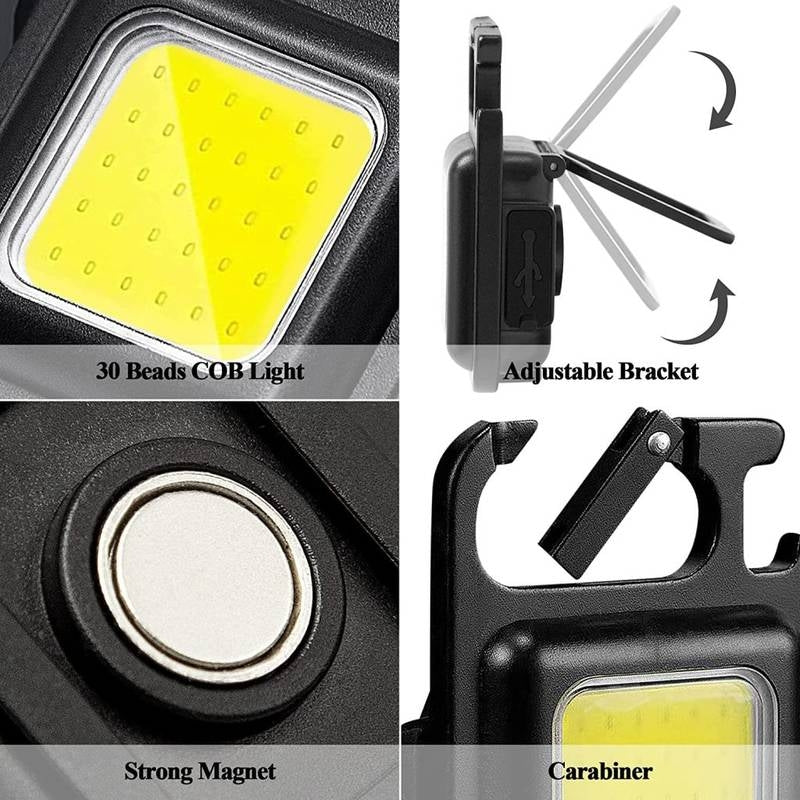 Collage of a flashlight's features including COB light, adjustable bracket, strong magnet, and carabiner.