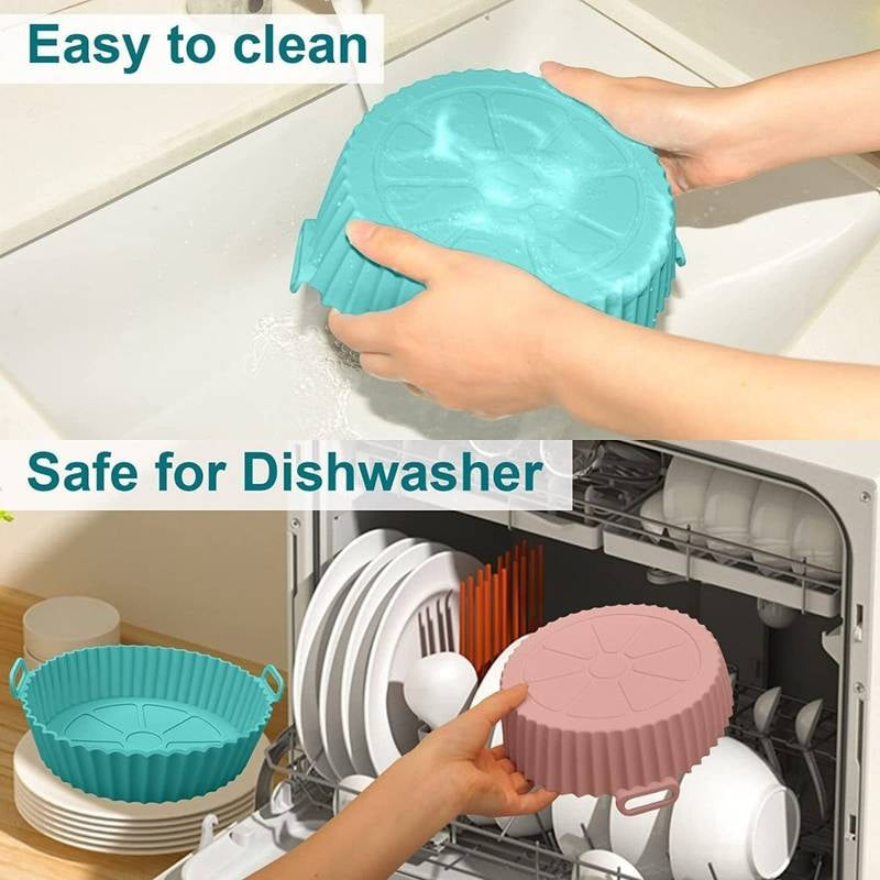 Silicone baking cups being held above a dishwasher with text 'Easy to clean' and 'Safe for Dishwasher'.