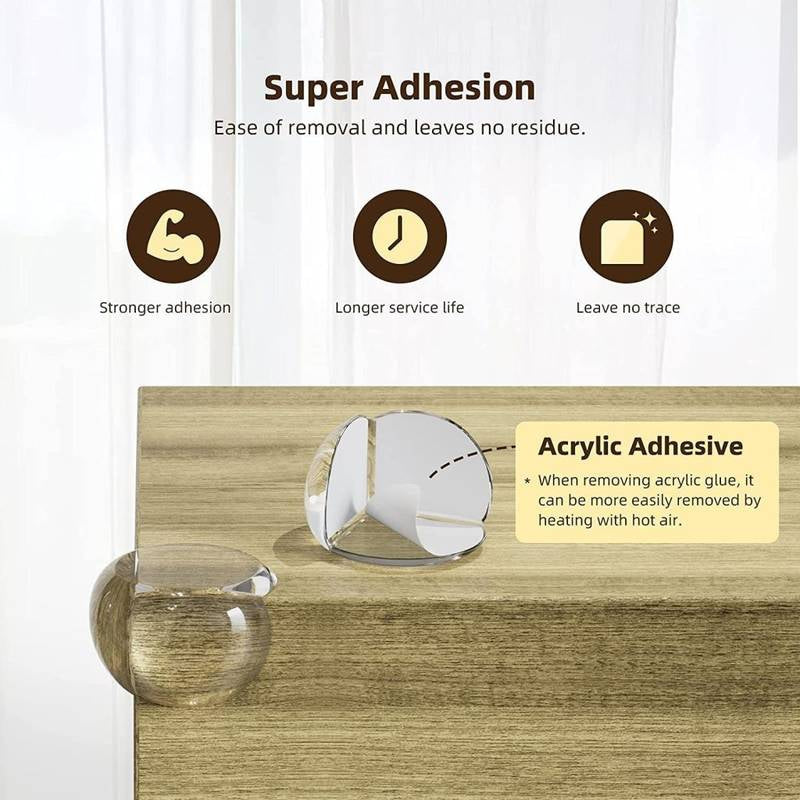 Super adhesion features of a clear adhesive product on a wooden surface with text highlighting benefits.