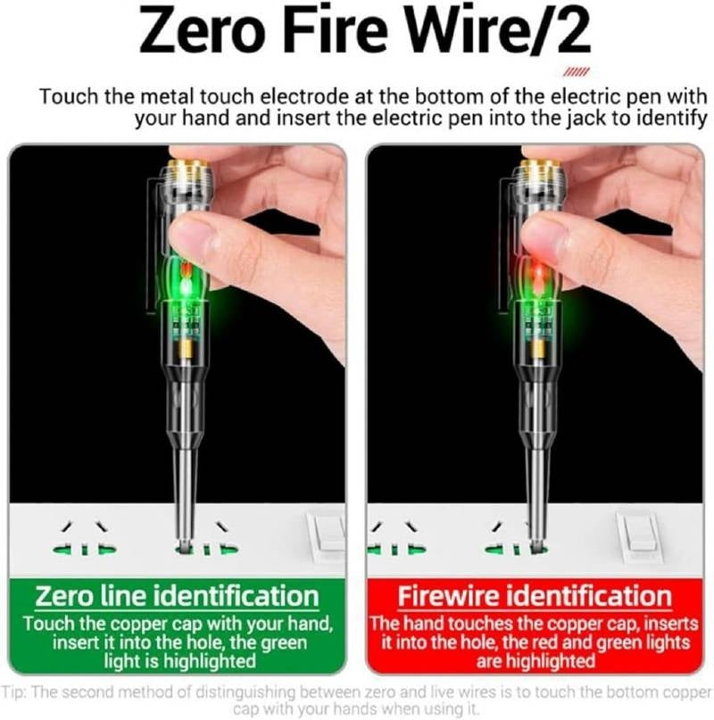 Instructions on using a zero fire wire tester with visual examples of zero line and firewire identification.