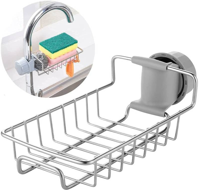 Stainless Steel Sink Faucet Holder – Adjustable Kitchen Organizer for Sponges & Soap (Rust-Proof & Easy Install)