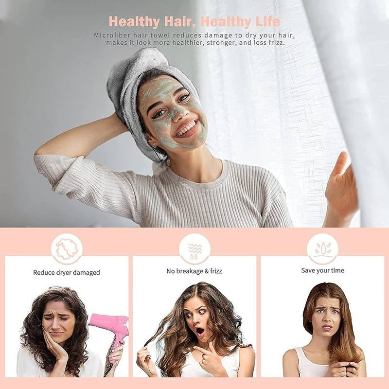 Woman with towel on head and face mask, with text about healthy hair and life benefits.