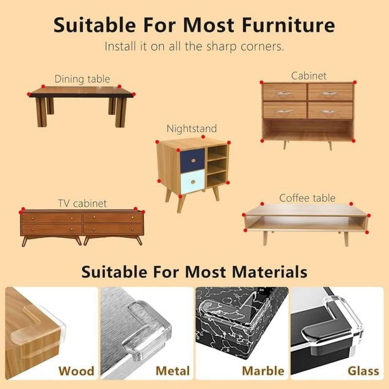 Product advertisement showing furniture applications and material compatibility on a beige background.