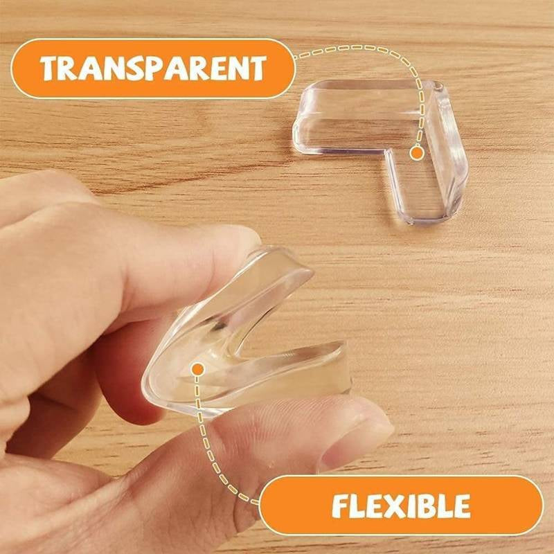 Transparent flexible lip guard held by a hand on a wooden surface with 'Transparent' and 'Flexible' labels.