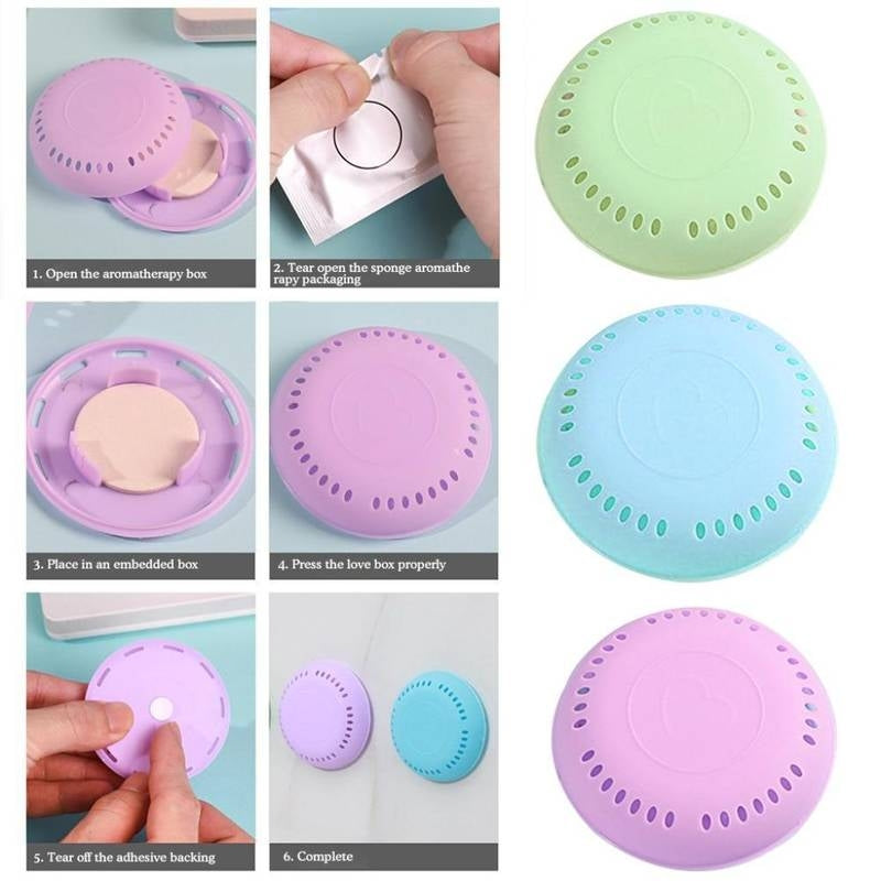 Instructions for using a round, adhesive aromatherapy product with different colors.